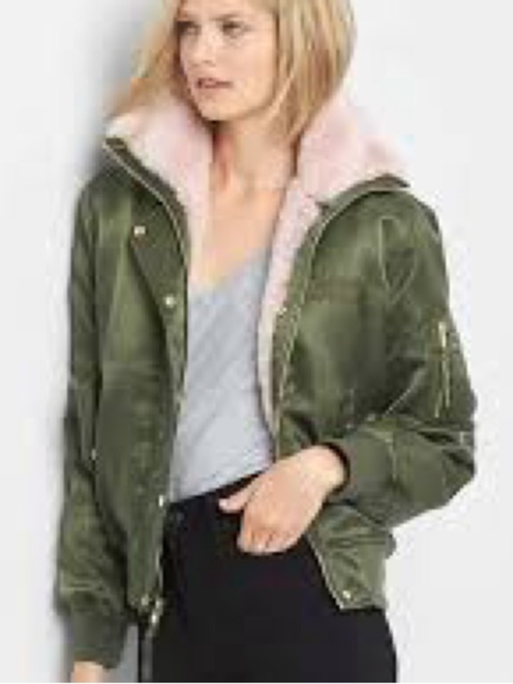 GAP Olive Green Bomber Jacket with Pink Faux-Shearling Collar